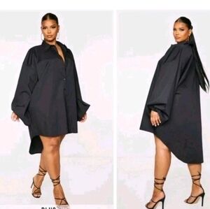 PrettyLittleThing Black High Low Dress Balloon Sleeve Shirt Dress NWT